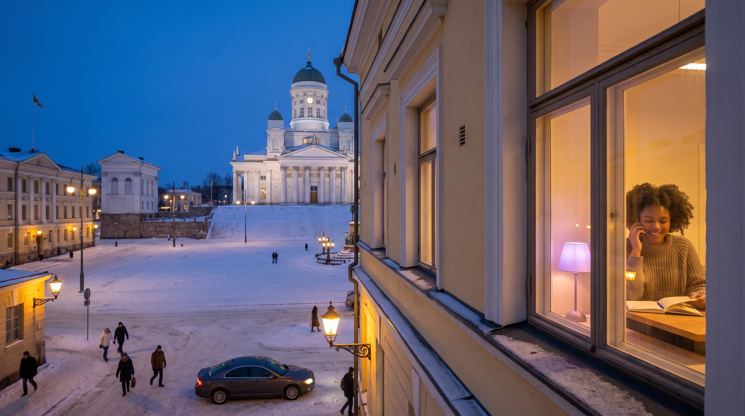 Helsingin tuomiokirkko ja luminen Senaatintori sinisenä hetkenä, valaistussa ikkunassa nainen puhelimessa